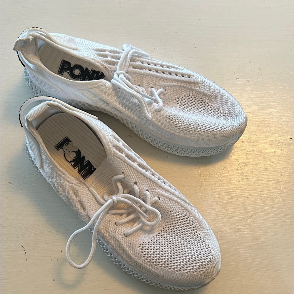 PONY Girls Shoes Knit White Kids Sneakers Textile Pull On Lace 3
